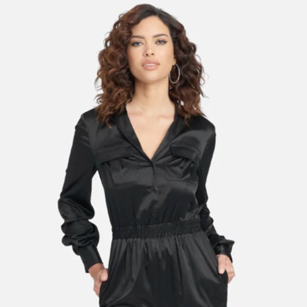 Bebe Mulberry Front Silk Charmeuse Black Long Sleeve Surplice Bodysuit